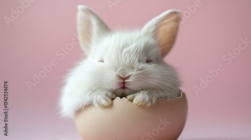 Cute white bunny sleeping in an eggshell on pink background