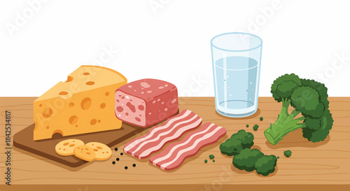 Assortment of Keto Diet Food Items Including Cheese, Bacon, Meat, and Broccoli