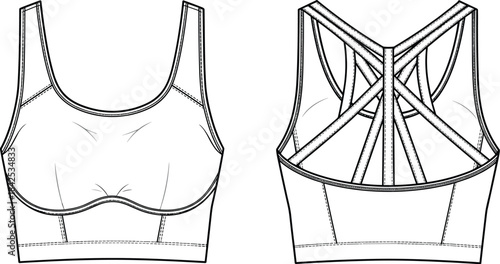 Front and Back Technical Fashion Illustration of Sports Bra with Scoop Neckline, Support Seams, and Geometric Strappy Back Design
