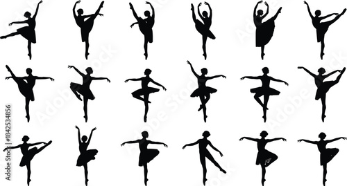 Silhouette Grid of Ballet Dancers in Classical Poses Arabesque, Pirouette, Attitude, and More on White Backgrou