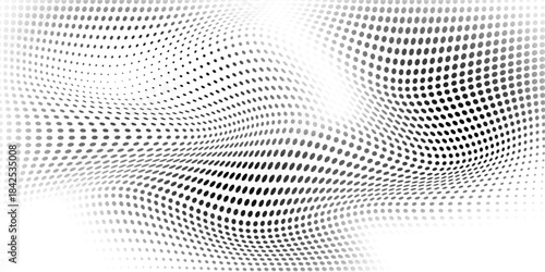 Abstract wavy black dots on white background. Distorted halftone dotted. Comic concept art style modern design. Dots with mesh effect. Vector illustration