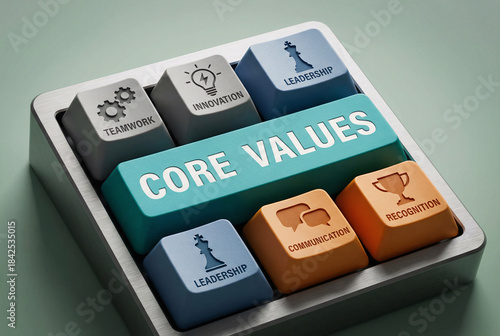 Core values teamwork innovation leadership communication recognition business culture concept on colorful keyboard keys.