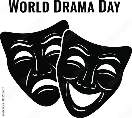 Celebrate world drama day with classic black and white theatrical comedy and tragedy masks symbolizing performance art and emotion