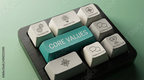 Core values teamwork innovation leadership communication recognition business culture concept on colorful keyboard keys.