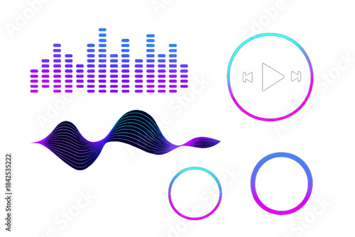 Vibrant Music UI Graphics with Equalizer Bars and Abstract Waveform Elements