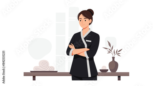 A smiling woman in a black robe standing in front of a table with towels and plant