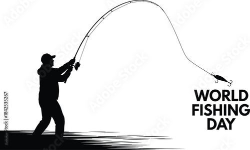 Silhouette of an angler casting a fishing rod with a lure against a white background celebrating world fishing day