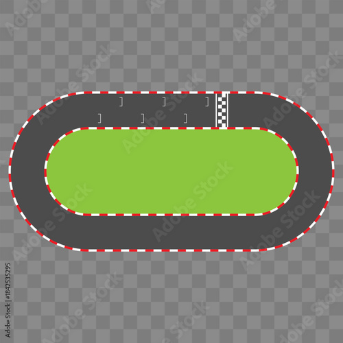 Oval racetrack layout with starting grid. Minimalist top view racing circuit design. Vector illustration for motorsport simulations, racing games, educational materials, or track design infographics
