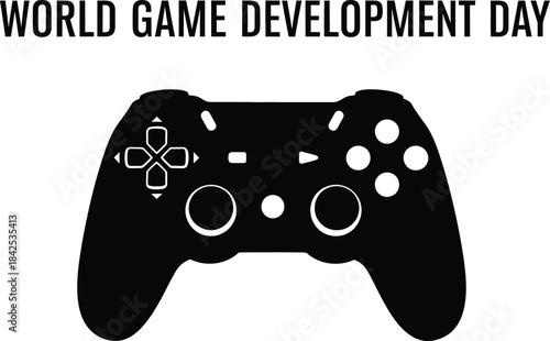 Celebrate world game development day with this bold black and white graphic featuring a classic video game controller silhouette design