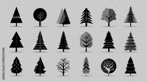 Stylized tree icons set. Vector collection of various evergreen and deciduous tree silhouettes for nature, forest, and plant designs.