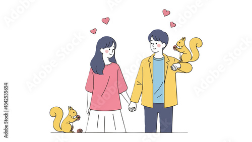 Love's Nutty Surprise: A couple in love amidst adorable animated squirrels, embracing a moment of sweet affection, with hearts swirling above, creating a scene of whimsical tenderness.