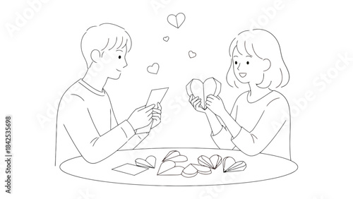 Loving Craft: A couple engrossed in a shared crafting experience, their hands busily fashioning paper hearts, symbolizing the tenderness of love and companionship.