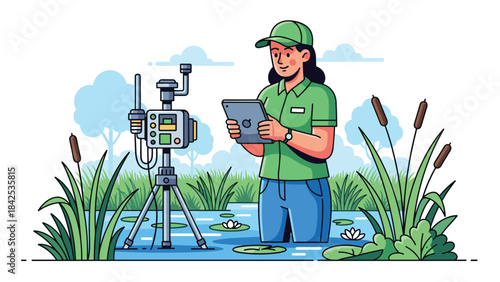 Man in green shirt and cap standing with camera on tripod in pond environment holding tablet device outdoors
