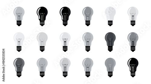 Grayscale light bulbs pattern set. Monochrome illustration of off incandescent lamps for ideas, innovation, technology, and creative concepts.