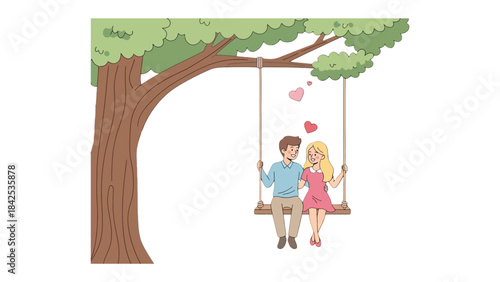 Love's Serenade: A tender moment unfolds as a couple shares a romantic swing beneath the sheltering boughs of a grand tree, with hearts floating above. 