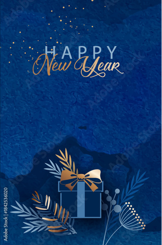 Happy New Year dark blue banner. Gift box with bow and decorative elements on watercolor background. Elegant Minimalistic Luxury Christmas design