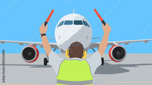 Illustration of a ground crew member guiding an airplane on the tarmac with hand signals.