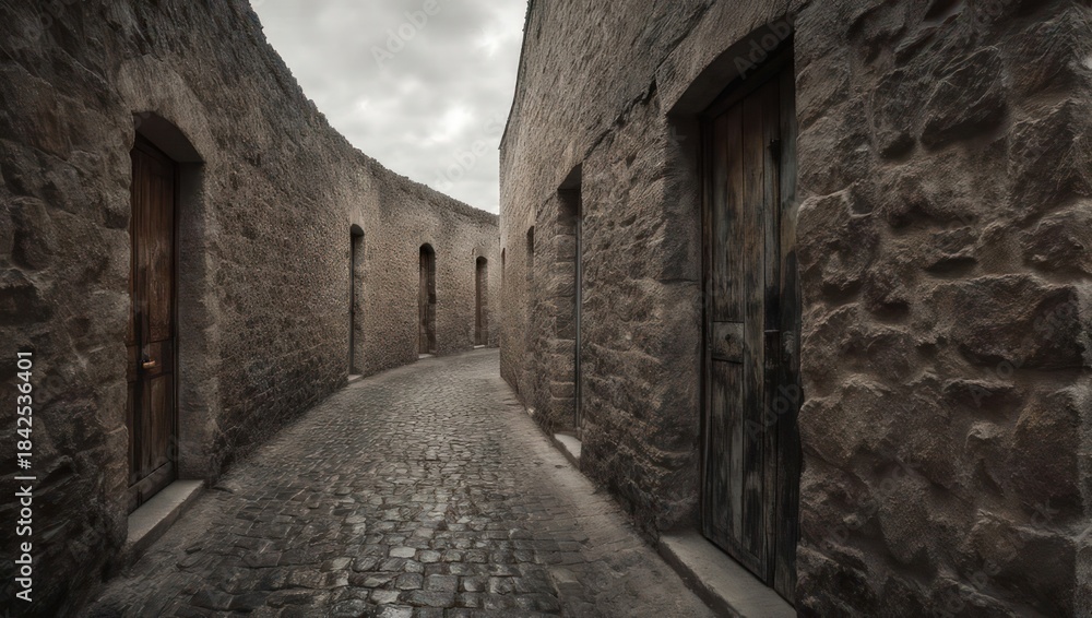 Obraz premium Ancient Stone Alleyway with Arched Doorways and Cobblestone Pavement.