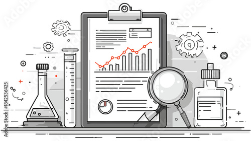 Scientific research, business data analysis and laboratory experiments illustration. Growth charts, magnifying glass and lab equipment.