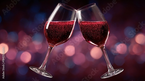 Cheers to the Moment: Two elegant glasses of rich, ruby-red wine clink together in a celebratory toast against a backdrop of soft, ambient lights. The image conveys conviviality and anticipation.