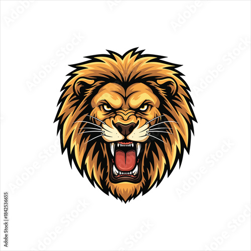 A highly detailed and aggressive lion's head mascot illustration, featuring a roaring open mouth, sharp teeth, and a voluminous, golden-brown mane