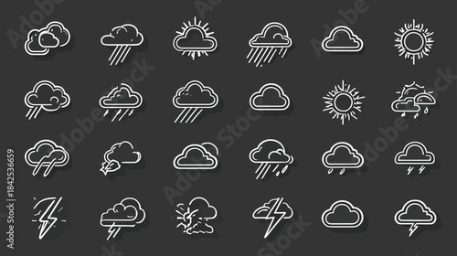 Detailed Weather Forecast Icons Collection in Outline Style. Set of Climate and Meteorological Symbols for Web and App Design.