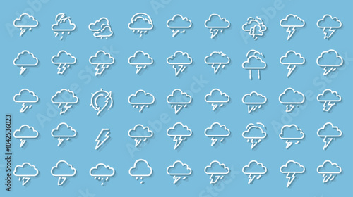 Minimalist Weather Forecast Outline Icons Collection: Clouds, Lightning, Rain, Sun, and Rainbow Symbols on Blue Background