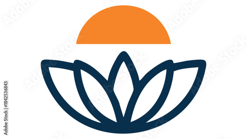 Minimalist logo design featuring a dark blue lotus flower outline and an orange sun icon