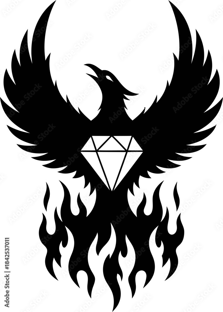 Obraz premium Phoenix bird with diamond on chest rising from fire. Rebirth and strength symbol. Vector illustration for logo, emblem, icon