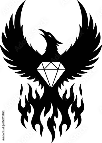 Phoenix bird with diamond on chest rising from fire. Rebirth and strength symbol. Vector illustration for logo, emblem, icon