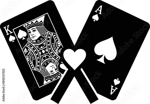 Two crossed playing card king of spades and ace of spades with heart symbol. Casino, gambling concept. Graphic design element. Vector illustration