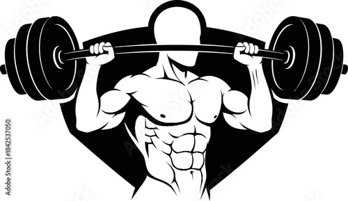Muscular man lifting heavy barbell overhead, showing strength and fitness in a gym or training concept. Vector illustration for emblem, logo, icon