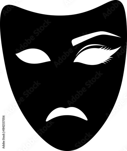 Black theatrical sad mask with one eyebrow raised, symbolizing drama, acting, emotion, or tragedy. Isolated vector icon for theater design