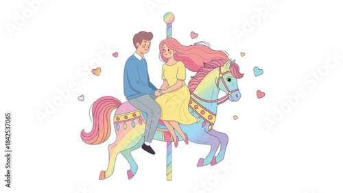 Carousel Romance: A tender moment unfolds as a couple shares a carousel ride, surrounded by whimsical hearts and the soft glow of affection. 