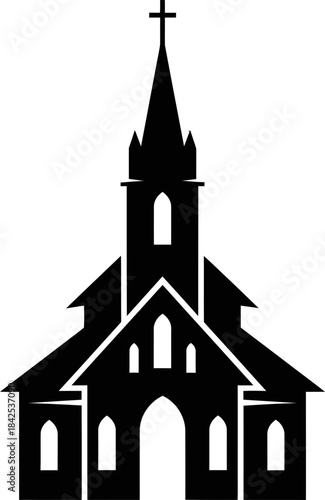 Black silhouette of a church with a cross on the steeple. Christianity and religious building concept. Vector illustration for icon, symbol