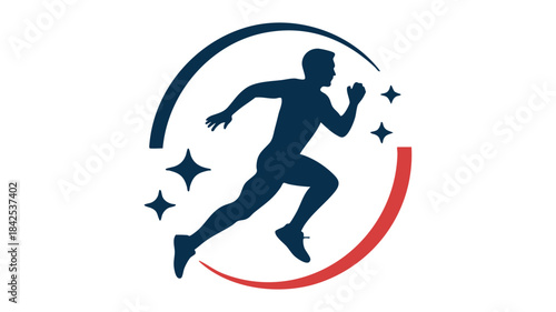 A dynamic logo featuring a running man silhouette within a circular design symbolizing speed and fitness
