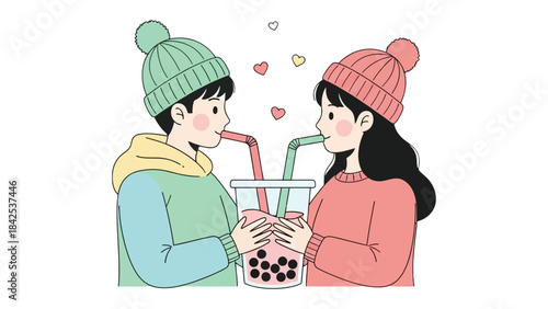 Romantic Moment: An illustrated pair share a sweet moment. Two individuals, connected by shared joy, sip from a single beverage, tiny hearts hovering gently above them.  