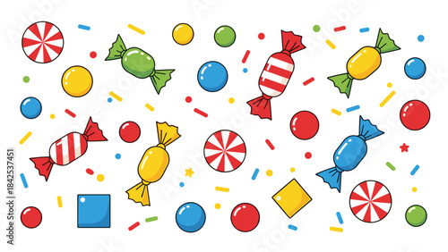 Colorful candy and sweets scattered on a with sprinkles and confetti