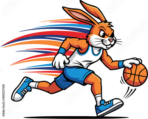 Fast Rabbit Basketball Player Dribbling Ball Vector Mascot
