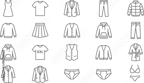 Clothing icon set, fashion garments, dress, t-shirt, hoodie, blazer, underwear, coat, pants, wardrobe essentials, outline style