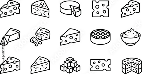 Cheese icon set, dairy product symbols, wedge, block, slice, cube, creamy bowl, layered wheel, outline style, food illustration
