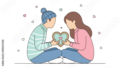 Heartfelt Gesture of Love: A couple, sits together, exchanging a heart-shaped item, expressing love and connection in a tender moment.