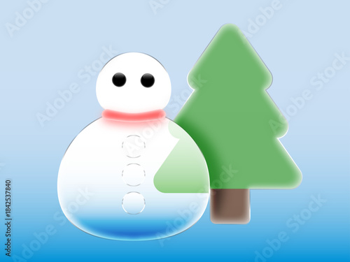 Glossy Liquid Glass and Glass morphism Snowman and Christmas Tree Illustration with Soft Blue Glow and Smooth Reflections. Modern Transparent Holiday Winter Character Design