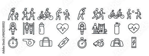 Fitness and exercise icon set: jogging, cycling, heart rate, sto