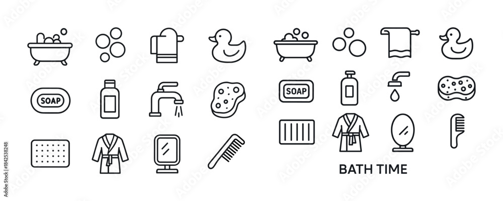 Fototapeta premium Bath time essentials icon set with soap, duck, bathrobe, sponge,