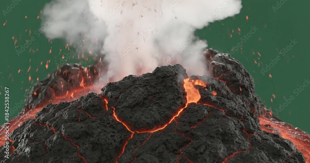 Dramatic close-up of a towering volcano eruption with fiery molten lava ...