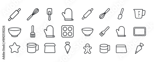 Baking tools icons: rolling pin, whisk, spatula, oven mitt, meas