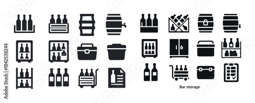 Icons of wine bottles, barrels, and storage options in black and