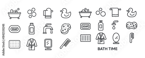 Bath time essentials icon set with soap, duck, bathrobe, sponge,