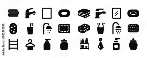 Bathroom icons set: faucet, soap, towel, shower, storage essenti